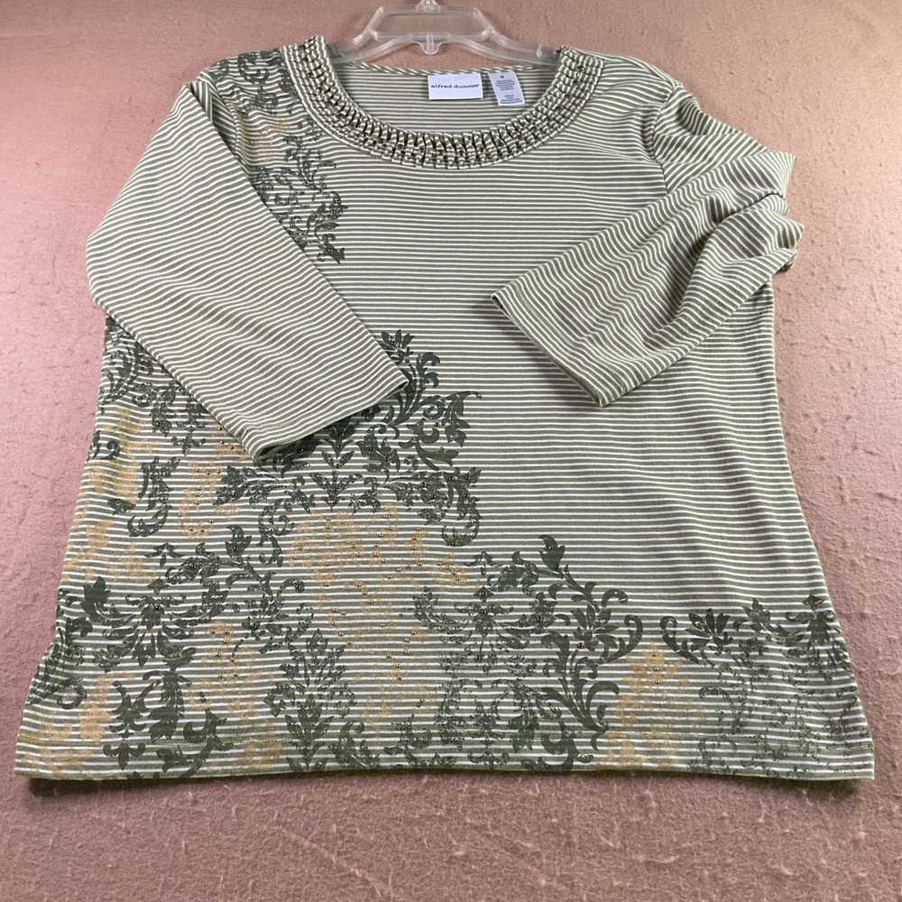 Alfred Dunner Green Striped Embellished Damask Top 3/4 Sleeve Medium Womens